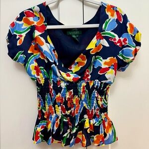 Ralph Lauren 100% Silk Multicolor Floral Blouse Top